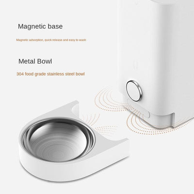 White automatic pet feeder with detachable magnetic base and stainless steel food bowl