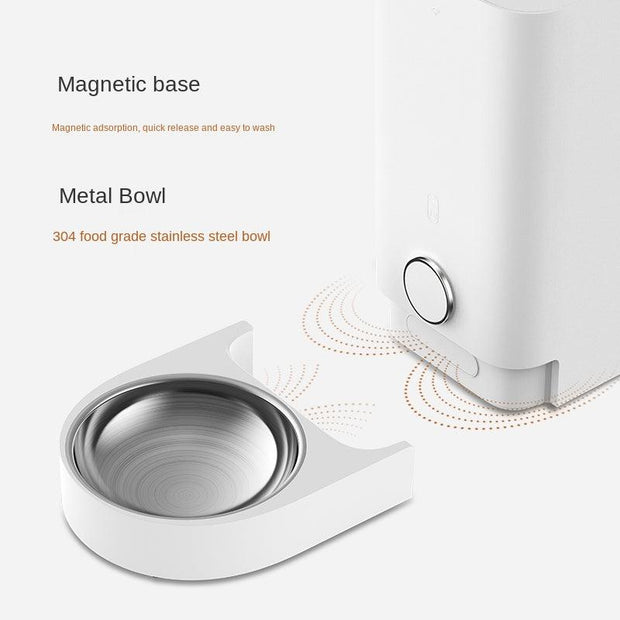 White automatic pet feeder with detachable magnetic base and stainless steel food bowl