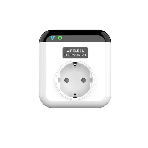 White wireless thermostat smart socket with remote and voice control, showing power outlet and indicator icons