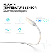 White plug-in temperature sensor with flexible cable and features like high precision and anti-interference