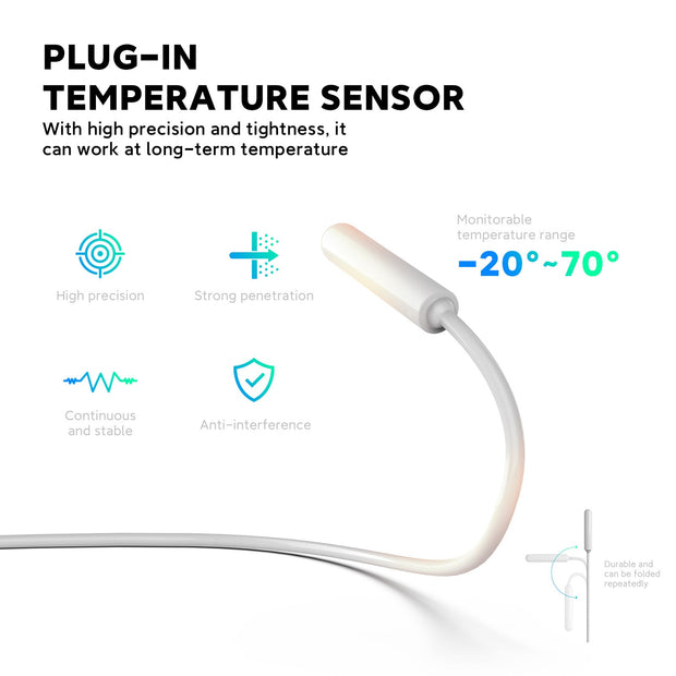 White plug-in temperature sensor with flexible cable and features like high precision and anti-interference