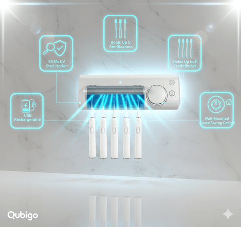 Wall-mounted UV toothbrush sterilizer holding five electric toothbrushes with blue UV light