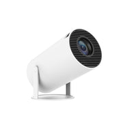 White MAGCUBIC HY300 projector with black lens grill on adjustable stand isolated on white