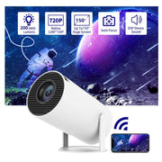 White cylindrical Magcubic HY300 video projector with wireless smartphone connectivity and space-themed projection