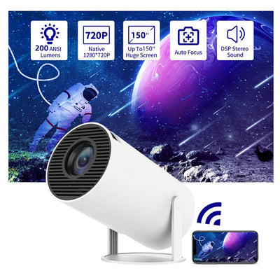 White cylindrical Magcubic HY300 video projector with wireless smartphone connectivity and space-themed projection