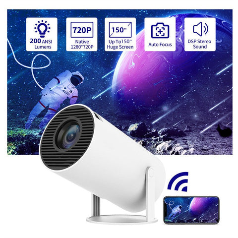 White cylindrical Magcubic HY300 video projector with wireless smartphone connectivity and space-themed projection