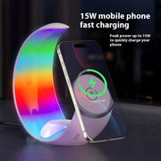 Curved wireless charger with rainbow ambient light charging a smartphone showing 75% battery
