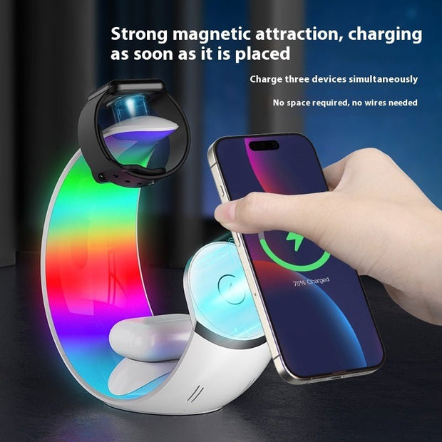 Wireless 3-in-1 charging station with ambient rainbow light charging phone, smartwatch, and earbuds