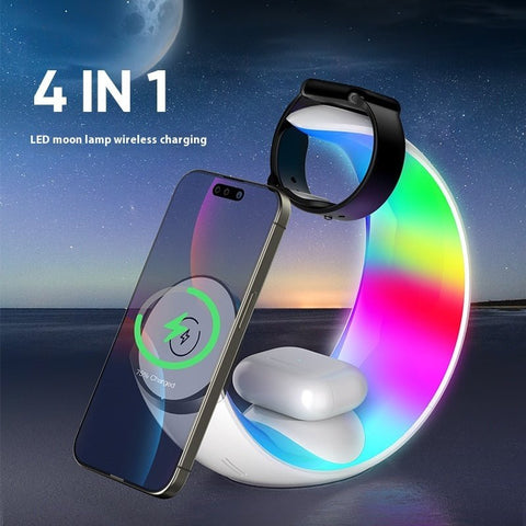 4 in 1 LED moon lamp wireless charging station with colorful ambient light for phone, watch, earbuds