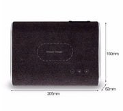 Black wireless charger speaker with fabric texture and control buttons, dimensions 205x150x62mm