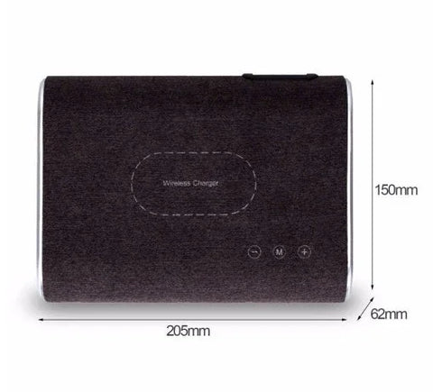 Black wireless charger speaker with fabric texture and control buttons, dimensions 205x150x62mm