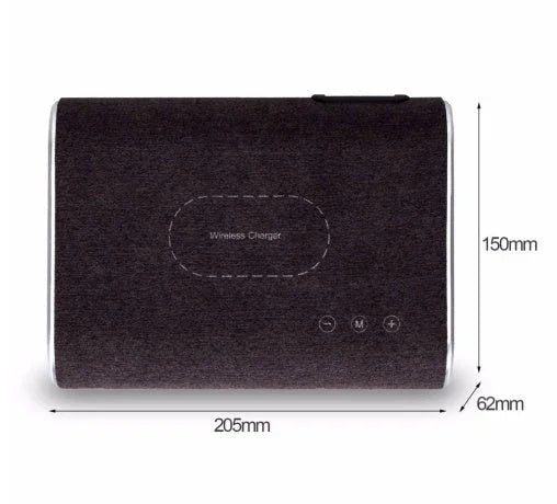 Black wireless charger speaker with fabric texture and control buttons, dimensions 205x150x62mm
