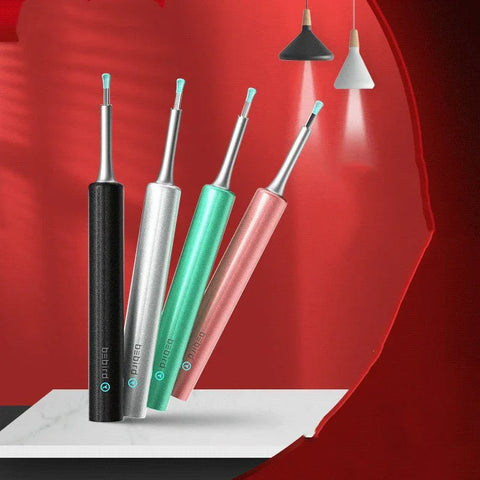 Wireless ear cleaners in black, silver, green, and pink on white surface with red background and modern pendant lights