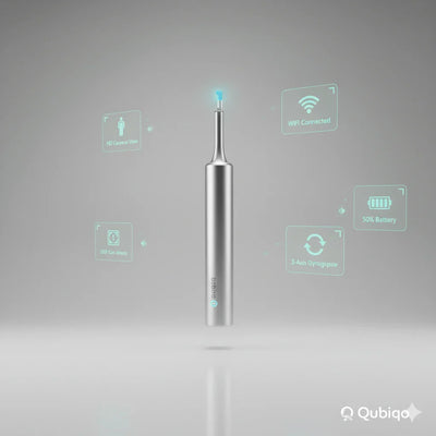 Silver wireless ear cleaner with HD camera, WiFi, 3-axis gyroscope, and 50% battery display