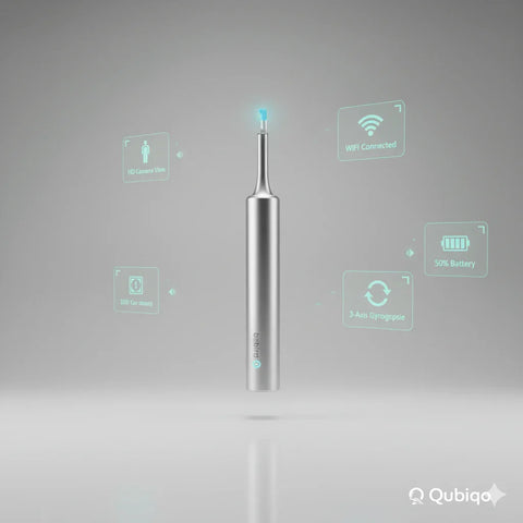 Silver wireless ear cleaner with HD camera, WiFi, 3-axis gyroscope, and 50% battery display