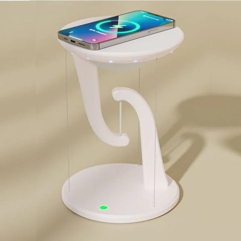Modern white wireless floating charger holding a smartphone with 58% charging on beige background