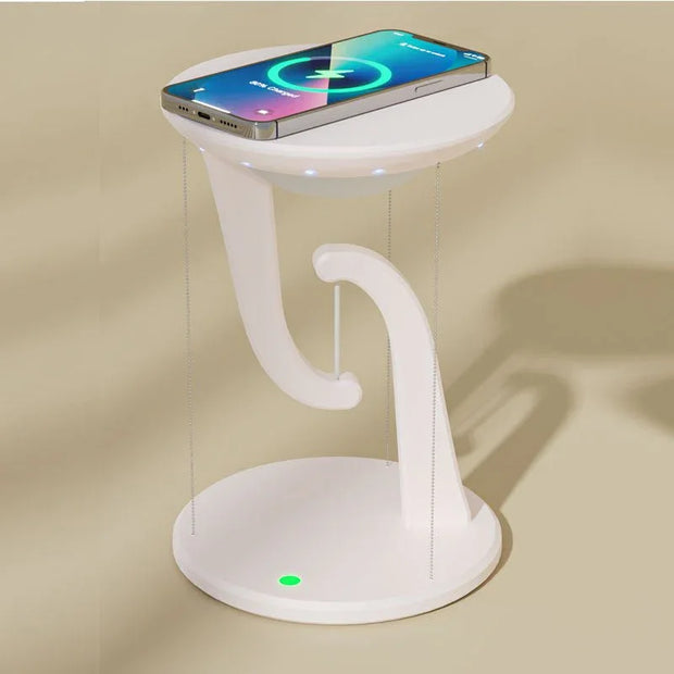 Modern white wireless floating charger holding a smartphone with 58% charging on beige background