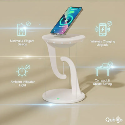 White wireless floating phone charger with ambient indicator light and compact design