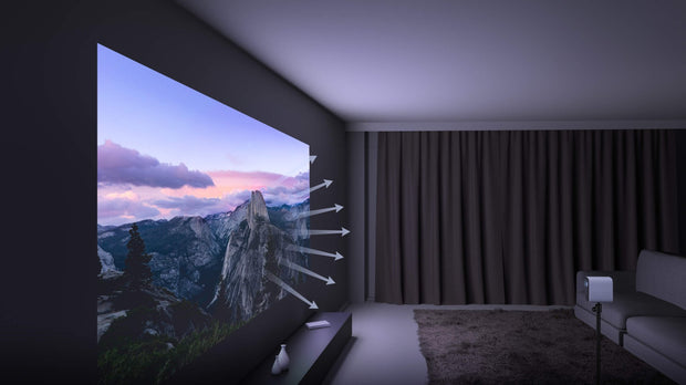 Xiaomi Mi Smart Projector 2 displaying mountain landscape on wall in modern dim living room