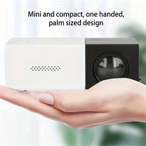 Mini white and black palm-sized projector held in one hand with text 'Mini and compact, one handed, palm sized design'