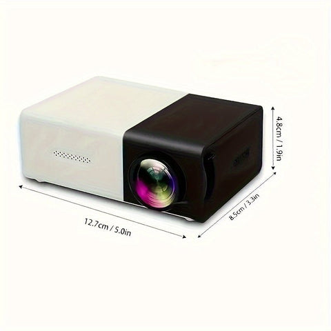 YG300 mini projector in black and white with lens and dimensions 12.7cm x 8.5cm x 4.8cm displayed