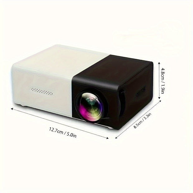 YG300 mini projector in black and white with lens and dimensions 12.7cm x 8.5cm x 4.8cm displayed