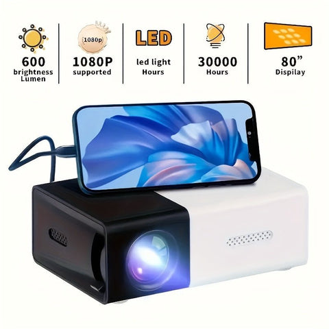Compact YG300 mini projector with 600 lumens, 1080p support, LED light, 30,000 hours and 80-inch display